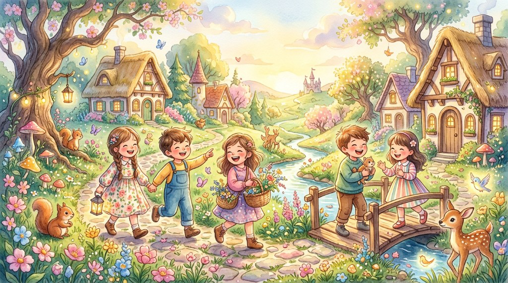 어린이보험비교사이트 — 상해·입원·통원 보장 점검 — 상상놀이 — 나무집과 꽃밭에서 노는 어린이