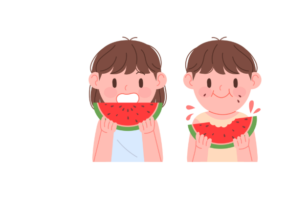 쌍둥이 아이를 떠올리며 수박을 나눠 먹는 일러스트